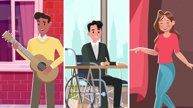 Animated cartoon characters including a man playing guitar and another sitting in wheelchair in colorful cartoon video motion