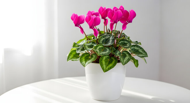 Pink cyclamen flowers in white pot on table