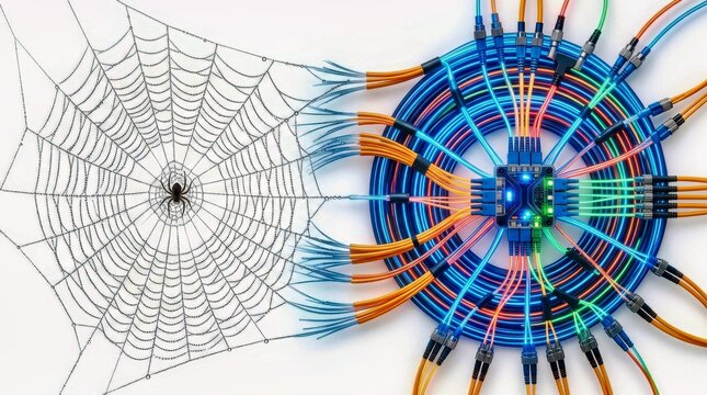 piderweb transforming into a fiber-optic cable network &mdash; pure white background