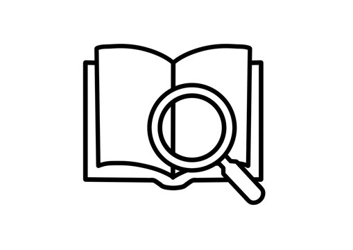 Open book with magnifying glass outline icon vector illustration isolated on white background.
