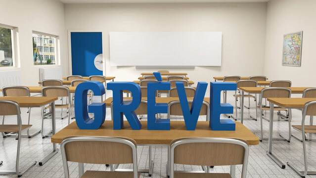 Classe d'&eacute;cole vide avec le mot &laquo; GR&Egrave;VE &raquo; en lettres 3D bleues pos&eacute; sur un bureau