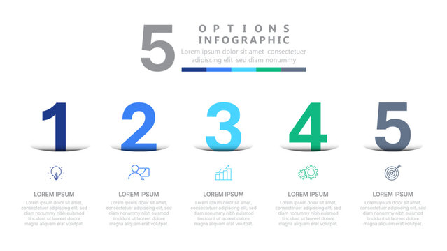 Five step business infographic template with numbered process, colorful icons, workflow diagram, strategy presentation layout and corporate data visualization
