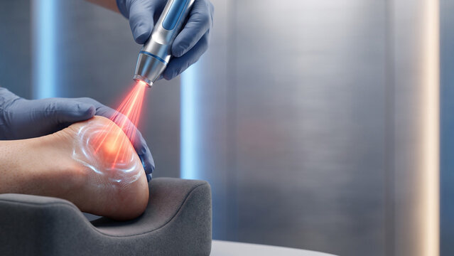 A gloved hand specialist uses cold laser on heel tissue for noninvasive pain care, Soothes Sore Heel