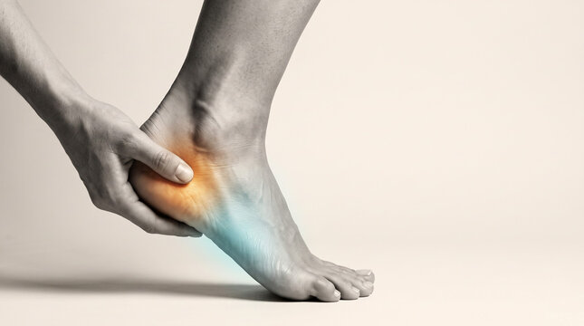 A hand presses heel for plantar fascia massage and deep tissue relief, Soothes Sore Heel