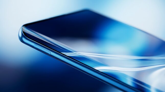 Close up of modern smartphone display showing vibrant blue light reflections