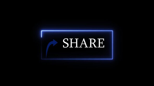 Glowing neon share button animation with arrow icon on black background. Glowing share symbol with neon arrow animation for digital communication.
