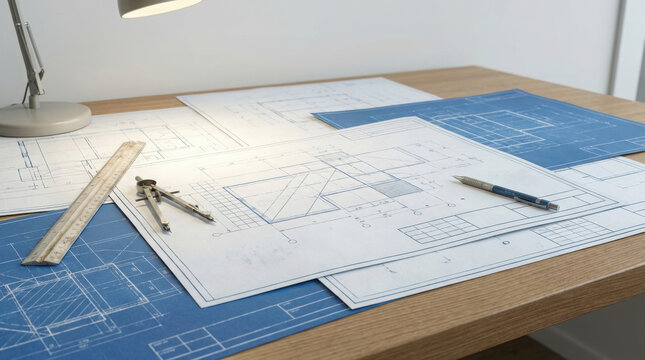 Architectural blueprints and drafting tools on a wooden desk in a bright planning studio