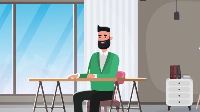 Animated bearded businessman working at office desk writing notes in modern corporate vector video clip