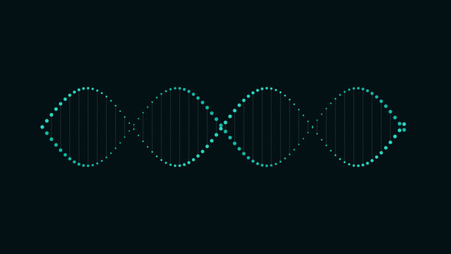 Abstract dna helix structure made of glowing teal dots on a dark background