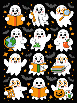 Cute school Halloween ghosts learning books science study graphic