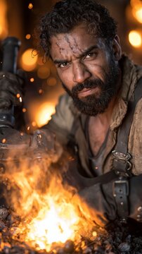 A bearded man with a dirty face and intense gaze looks forward while holding a hammer near a bright fire, with a blurred.