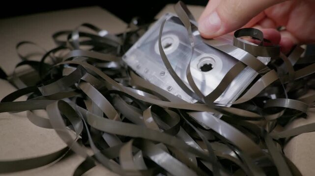 A person untangles a damaged cassette tape lying amidst loose ribbon on a table in close-up. Shiny magnetic film loops highlight the fragile plastic construction of vintage media.