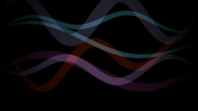 Translucent multicolored wavy lines flow across a dark black background