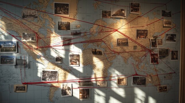 mapped connections on a world wall map with photographs