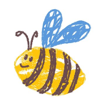 Playful childlike crayon-style illustration of a smiling bee with yellow striped body, blue wings, and brown antennae. Cheerful design perfect for kids art