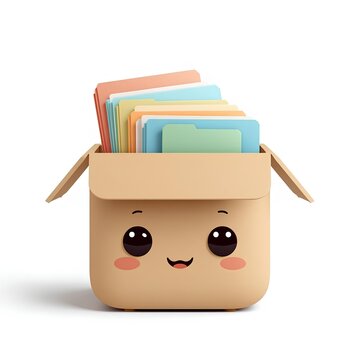 Cute Kawaii Cardboard Box with Colorful Folders Cartoon Character Illustration