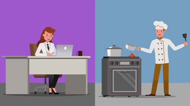 Animated professional woman working at office desk next to cheerful chef cooking food in video clip