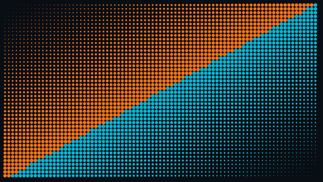 Abstract halftone pattern with orange and blue gradient dots on a dark background