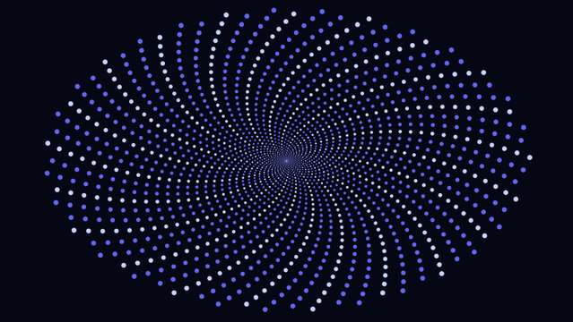 Abstract spiral pattern of blue dots forming a vortex shape on a dark background