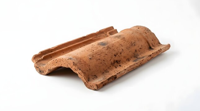 Traditional handmade terracotta clay roof tile isolated on white background, rustic ceramic building material for house construction and Mediterranean architecture design.