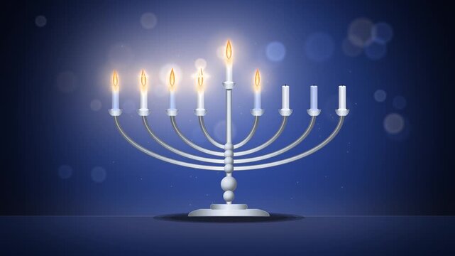 Hanukkah silver menorah candles lighting one by one on dark blue