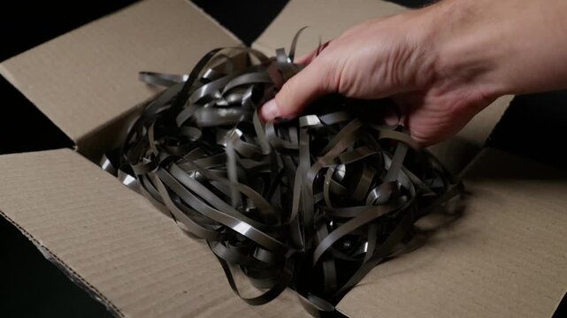 A person examines tangled magnetic audio tape inside an open cardboard box in close-up. Glossy brown plastic ribbons catch soft overhead studio lighting as vintage recording media rests.