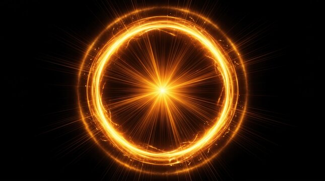 Radiant golden glowing energy sphere with intense light rays and concentric rings against a black background, symbolizing power, magic, cosmic energy, spiritual awakening