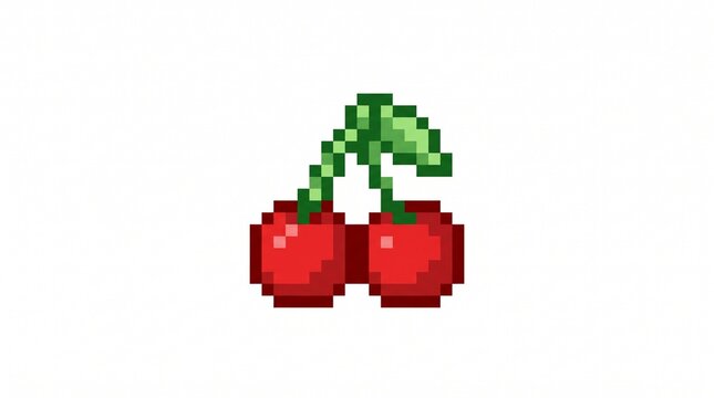 16-bit pixel art illustration of simple twin red cherries game item isolated on white.