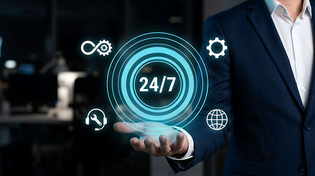 Businessman holding futuristic 24 7 support hologram in modern office space