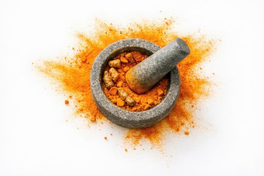 Top view of stone mortar and pestle grinding fresh turmeric roots with vibrant orange powder explosion