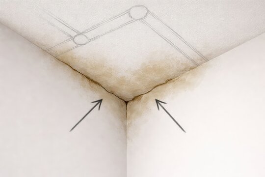 Ceiling water damage stain in room corner with pointing arrows and schematic line diagram showing leaking pipe cause