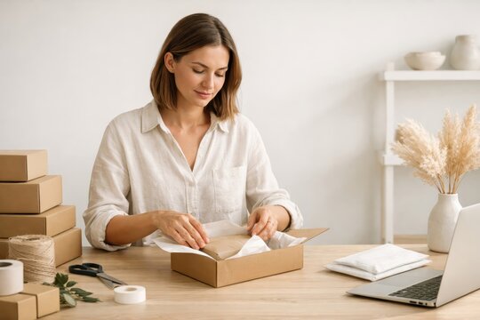Small business owner packing handmade product in cardboard box with tissue paper at home workshop desk