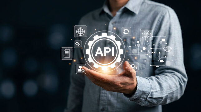 Businessman holding glowing API gear icon representing digital integration