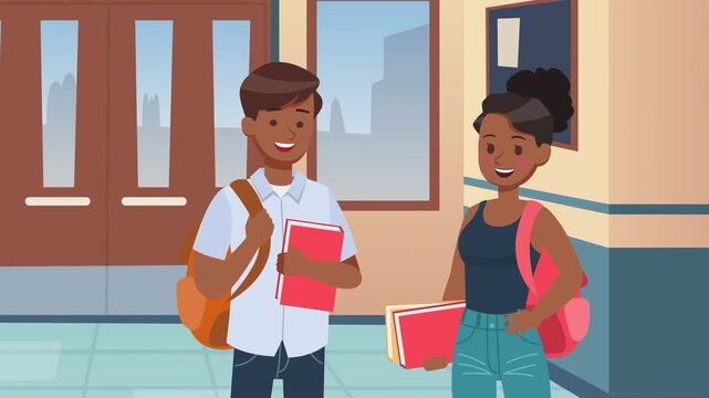 Smiling students holding books and talking together in a school hallway corridor background animated video clip