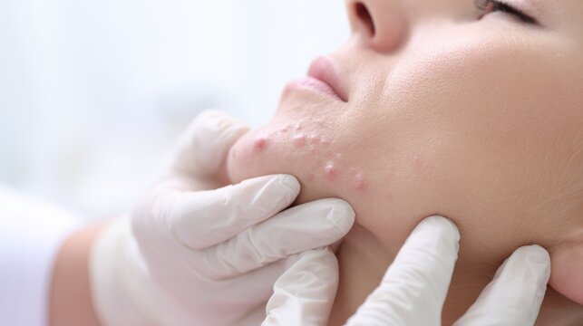 Dermatologist examining facial acne and skin inflammation on young woman chin during clinical consultation