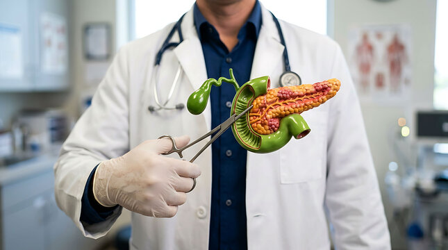 Doctor holding anatomical model of pancreas and gallbladder with surgical tool