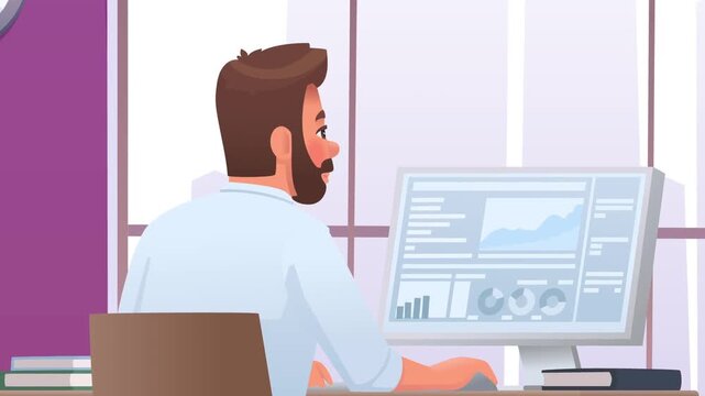 Animated businessman working at computer in office video footage with financial charts on display screen