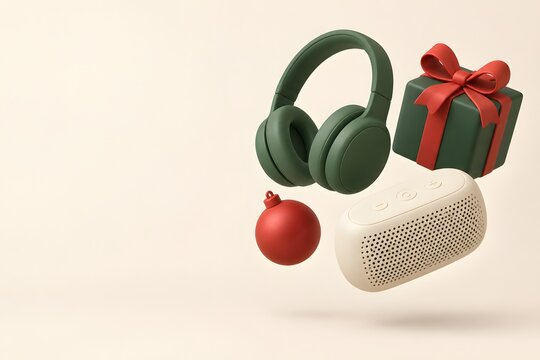 초록 헤드폰과 아이보리 스피커의 음악 선물 3DGenerating AI