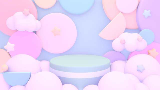 3D render of pastel product display podium with clouds.