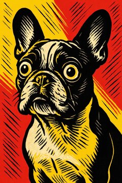 Vintage woodcut lino style pop art portrait of a startled french bulldog with wide eyes and upright ears