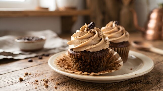 Homemade chocolate cupcakes with creamy coffee frosting on a ceramic plate, cocoa crumbs, warm kitchen light, rustic table, and cozy bakery styling for dessert recipes, cafe menus, and sweet food phot