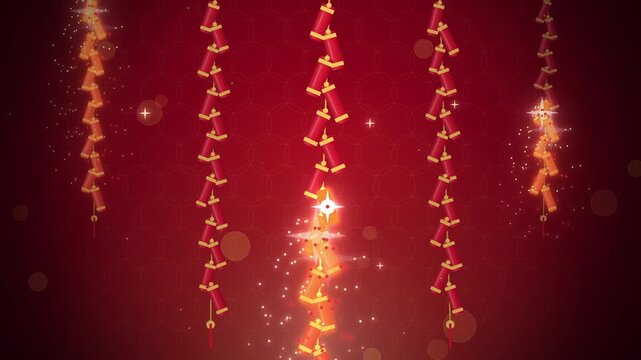 Hanging red firecracker strings with gold caps popping with sparks