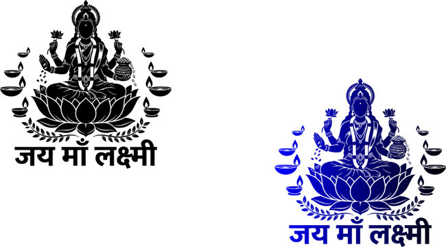 Jai Maa Lakshmi vector badge set featuring Goddess Lakshmi seated on a lotus with diyas and Hindi typography in black and blue.