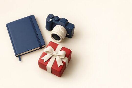 카메라와 노트와 리본 선물상자의 취미 선물 3DGenerating AI