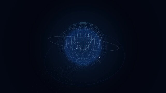 A digital globe projection glowing telemetry data arcs, city beacons, and orbital rings against a dark cobalt blue background