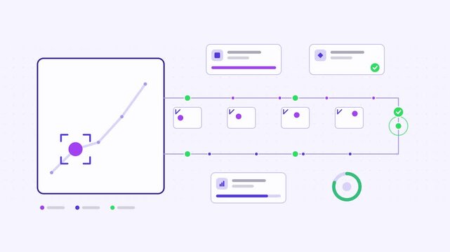 Animated object tracking moving target frames visualised as a process flow in a modern flat vector style. Smooth looping 4K motion graphic with soft purple and violet colours, floating interface cards