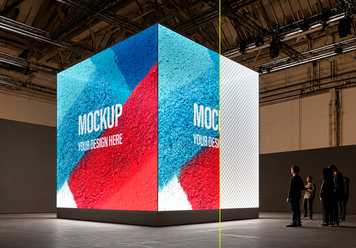 Cubic LED Display Installation in an Exhibition Area Mockup