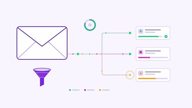 Animated spam filtering inbox junk visualised as a split flow in a modern flat vector style. Smooth looping 4K motion graphic with soft purple and violet colours, floating interface cards and flowing 