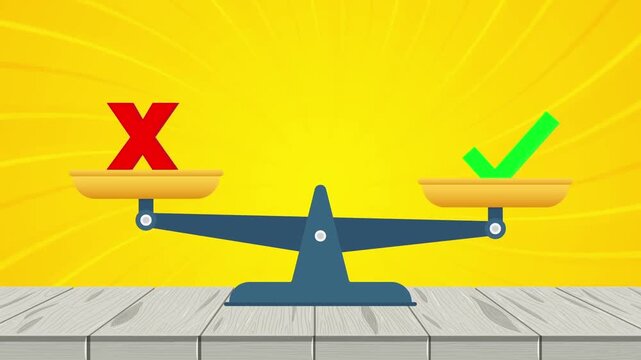 Balance scales tipping between right and wrong choices in animated stock footage motion graphic clip loop