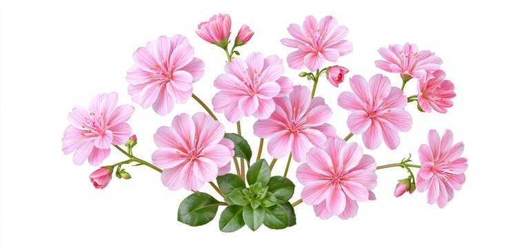 Delicate pink Lewisia rediviva flowers with fresh green leaves displayed on a bright white background.